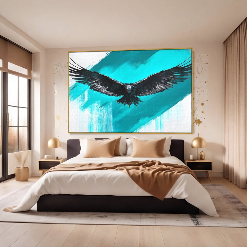 Tablou canvas cu tablou canvas cu vultur in zbor, in rama de aluminiu auriu, pe perete intr-un dormitor